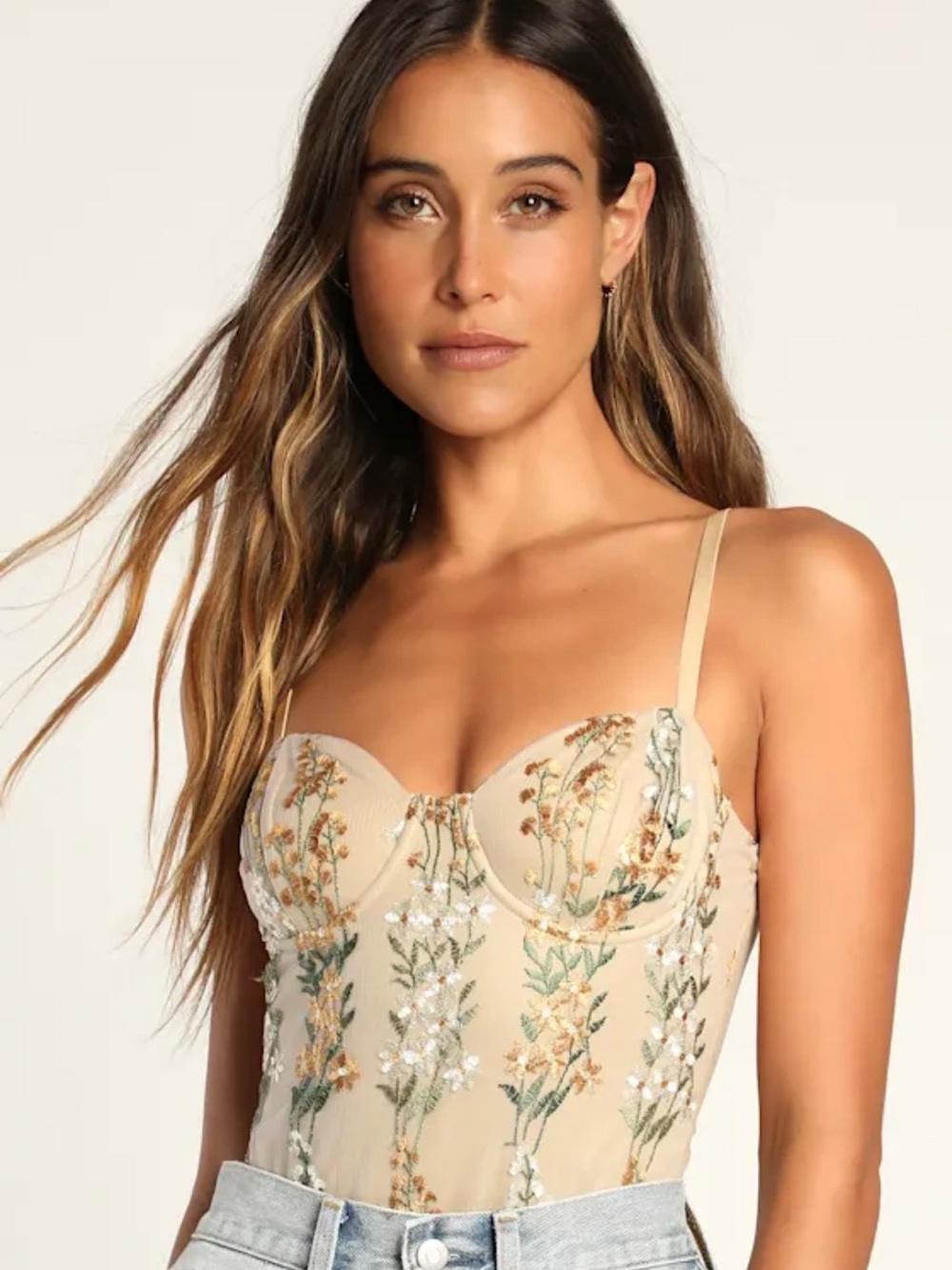 Lulu's | Pale Yellow Floral Embroidered Mesh Bodysuit